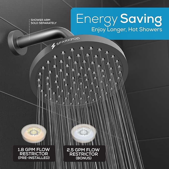 SparkPod Shower Head - High Pressure Rain - Premium Quality Luxury Design - 1-Min Install - Easy Clean Adjustable Replacement for Your Bathroom Shower Heads (Midnight Black Matte, 8 Inch Round)