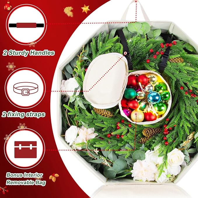 2 Pack Wreath Storage Christmas Garlands Bag with Interior Pockets Large Xmas Container Box for Holiday Decorations Case with Zipper Handles Window Labeling Card Slot 24" Houndstooth