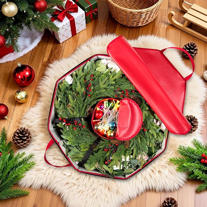 Wreath Storage Christmas Garlands Bag with Interior Pockets Large Xmas Container Box for Holiday Decorations Case with Dual Zipper and Handles Window Labeling Card Slot 24" Red