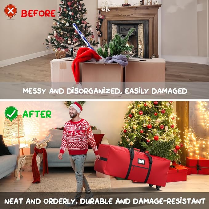 Mrrihand Christmas Tree Storage Bag, Large Artificial Anti-Tear Heavy-Duty 600D Oxford Cloth Xmax Christmas Tree Storage Box with Rolling Wheels, Christmas Tree Storage Container (Red, 7.5Ft)