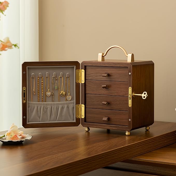 KINTNESS Wooden Jewelry Box With Key, 4 Layers Lockable Handheld Single Door Mirror-Flower Jewelry Box For Women Girls, Walnut Texture for Bracelet, Necklace, Ring