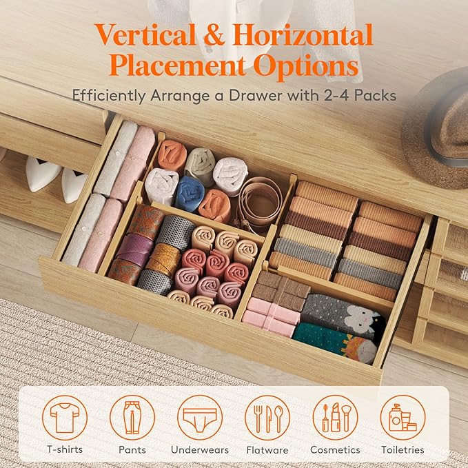 Lifewit 5 Pack 4" High Bamboo Drawer Dividers, 12-16" Adjustable Drawer Organizers for Clothes, Wood Dresser Drawer Divider, Expandable Deep Drawer Separators for Dresser, Kitchen, Bedroom, Bathroom