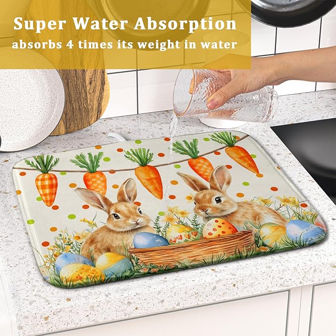Giwawa Easter Bunny Dish Drying Mat Eggs Carrot Dishes Drainer Pad Absorbent Reversible Dish Rack Mat Protector for Kitchen Countertop 16x18 Inch