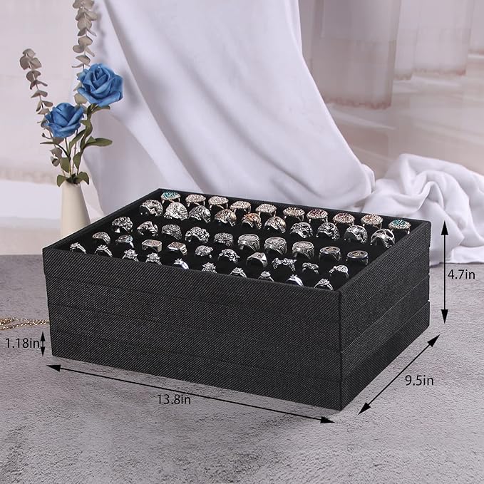 Julysky 4 Pcs/set Stackable Jewelry Organizer Trays for Drawer,100 Slots Ring Tray，Necklace Tray,12 Grid,24 Grid Jewelry Displays for Selling,Black