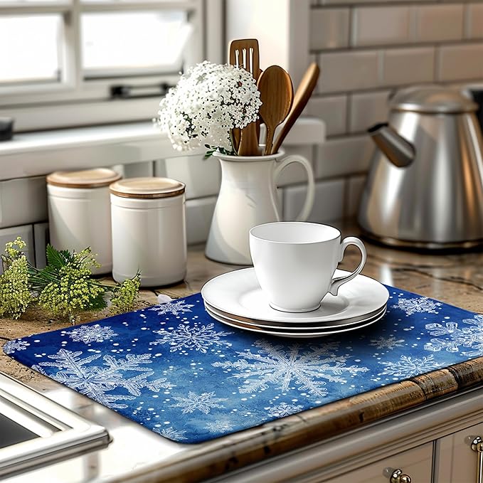 Winter Blue Snowflake Dish Drying Mat for Kitchen Counter Merry Christmas Snowflakes Drying Mats Xmas Holiday Dish Draining Mat Microfiber Absorbent Dish Drainer Rack Pad 18x24 Inch