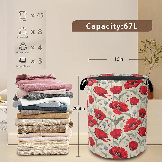 Vintage Poppy Laundry Hamper,Collapsible Laundry Baskets,Red Flowers Dirty Clothes Baskets with Handles,Oxford Cloth Hamper for Bedroom,Bathroom,College Dorms, 16"x20"