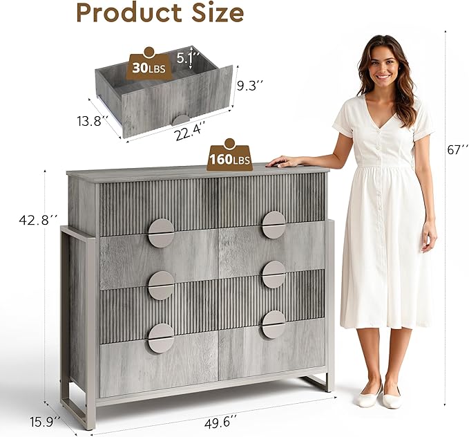Fluted Dresser for Bedroom with 8 Drawers, 50" Wide Chest of Drawers with Raised H Legs and Curved Profile Design, Wood Closet Clothes Storage Organizer for Bedroom, Hallway, Grey