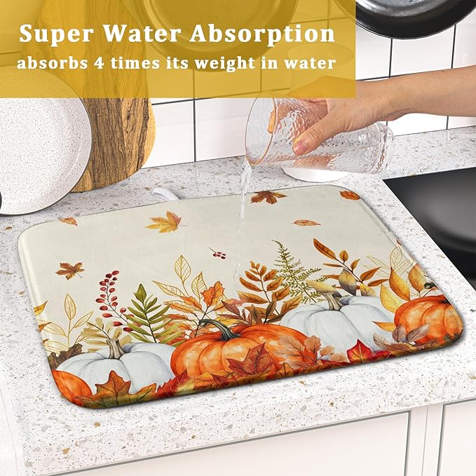 ABSOP Fall Dish Drying Mat for Kitchen Counter 16 x 18 Inch Orange Pumpkin Drying Mat Absorbent Reversible Microfiber Mats for Thanksgiving Decoration Dish Rack Pad Drainer Mat for Coffee Bar