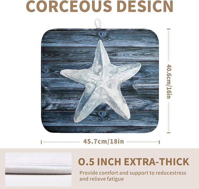 Wnoesat Coastal Starfish Dish Drying Mat Dark Blue Ocean Animal Print Drying Mats Microfiber Reversible Absorbent Dishes Pad Drainer Rack Mats for Kitchen Counter Sink 16x18 Inch