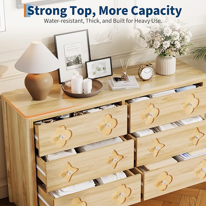 Garvee Dresser for Bedroom with 6 Drawers, 47.2'' Wide Chest of Large Decorative Drawer Front with Large Clothes Storage Cabinet, Wood Bedroom Dresser, TV Stand for Nursery, Living Room, Hallway, Oak