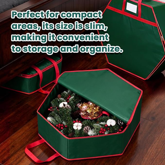 Christmas Wreath Storage Container - 30" Sturdy Hard Shell Christmas Wreath Storage Bag with Interior Pockets, Dual Zipper and Handles, Premium Wreath Storage Organizer Box