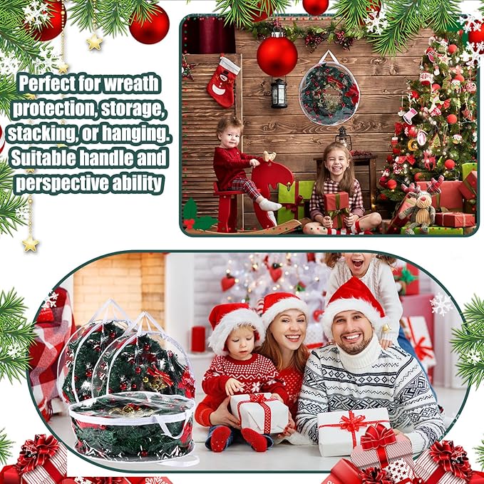 Zhengmy 3 Pcs 24 Inch Christmas Wreath Storage Bags transparent Wreath Storage Container Bulk Wreaths Box with Dual Zippers and Handles for Xmas Holiday Wreaths Garland