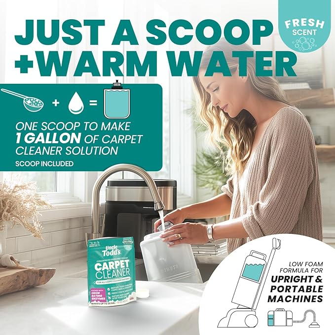 Uncle Todd's Carpet Cleaner Powder for Machines | Makes 30 Gallons of Carpet Cleaner Solution | Enzyme Formula Carpet Deodorizer | Removes Pet Odors & Stains | Safe for Carpets, Rugs & Upholstery