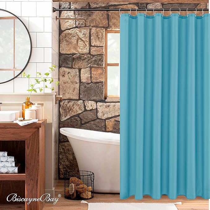 Biscaynebay Hotel Quality Extra Long Fabric Shower Liners 72" Width by 84" Length, Blue Water Resistant Bathroom Curtains Rust Resistant Grommets & Weighted Bottom Hem Machine Washable