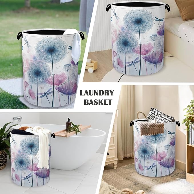 Dandelion Dragonfly Laundry Hamper,Dirty Clothes Laundry Basket with Handles Waterproof Oxford Cloth Storage Basket for College Dorms Bathroom Bedroom 16" x 20.8"