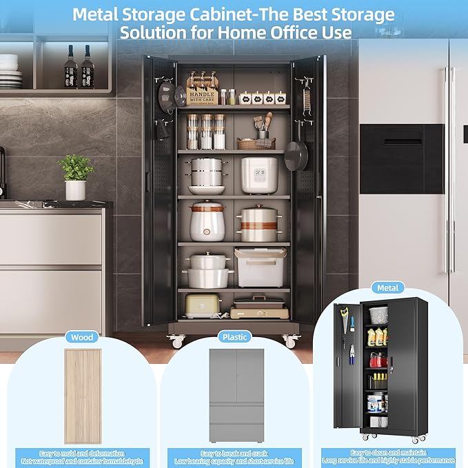 Aobabo Upgrade 71H''*32''W*16''D Metal Garage Storage Cabinet with Wheels and Pegboards, 5 Adjustable Shelves Steel Storage Cabinets for Home,Warehouse,Garage,Assembly Required,Black