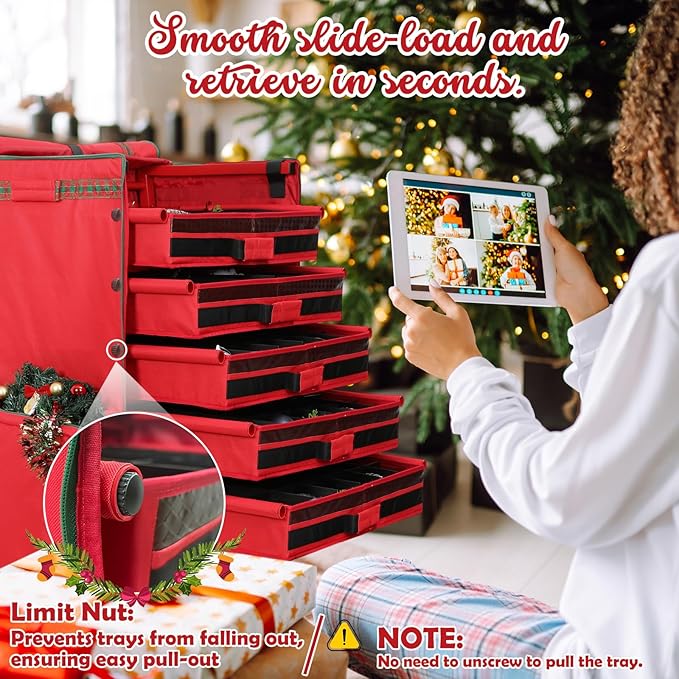 Rolling Christmas Ornament Storage Box - 120Pc Steel-Frame Decor Organizer Chest with Adjustable Dividers, Removable Trays & Side Pockets | Large Holiday Decoration Container on Wheels