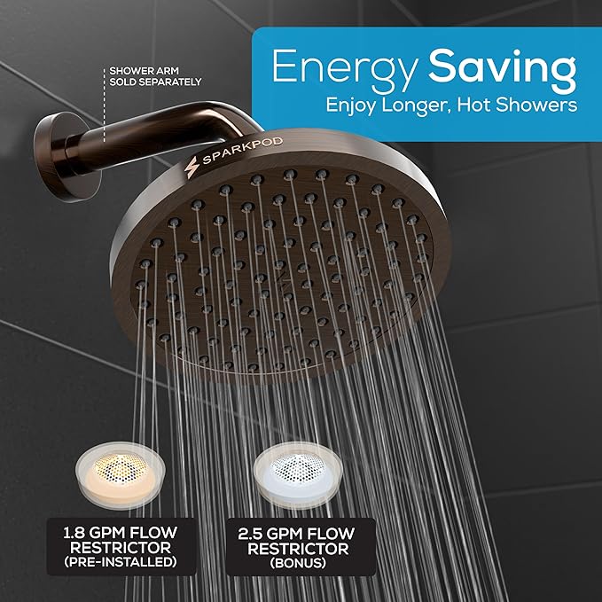 SparkPod Shower Head - High Pressure Rain - Premium Quality Luxury Design - 1-Min Install - Easy Clean Adjustable Replacement for Your Bathroom Shower Heads (Vintage Oil Rubbed Bronze, 8 Inch Round)
