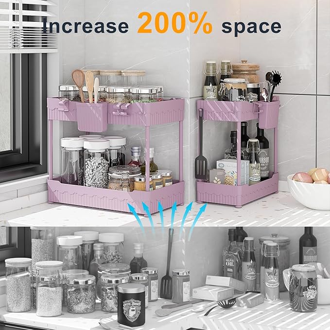 Sevenblue 2 Pack Under Sink Organizer, Under Bathroom Cabinet Organizer with Hooks Hanging Cup, Multi-Purpose Storage Shelf for Kitchen Bathroom (Pink, XL)