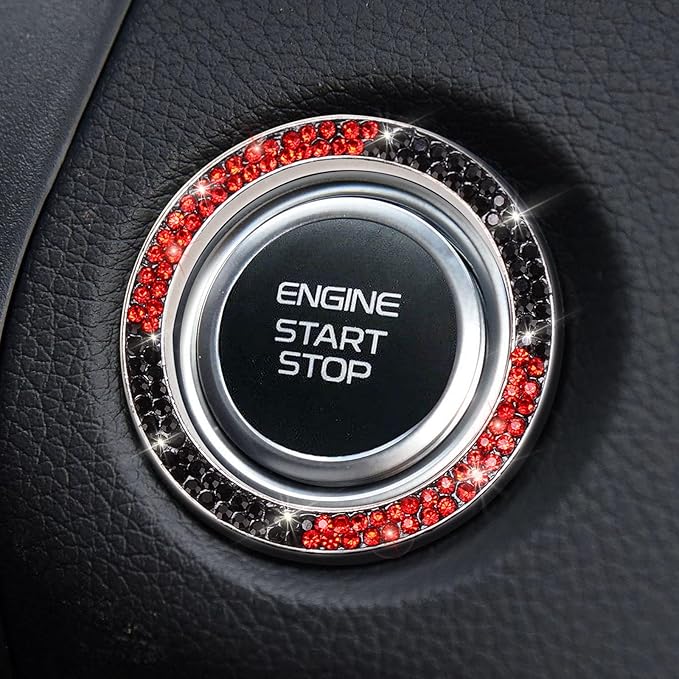 ToBeQueen Black and Red Bling Push Button Start Ring Emblem Sticker,Crystal Rhinestone Interior Engine Start Stop Car Bling Ring Decoration for Women, Pure Handmade Diamond Decor,Red and Black