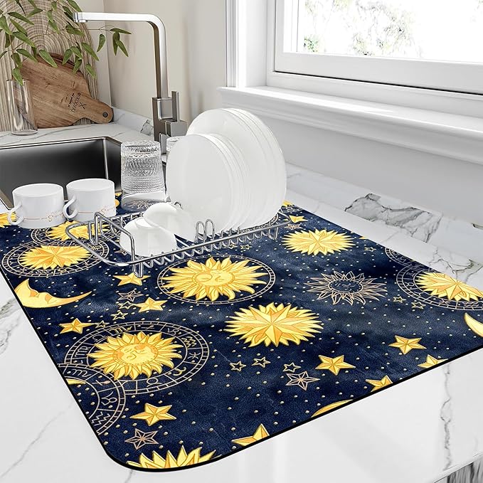 Dish Drying Mat Colorful Textile Sun Moon Stars Kitchen Mat 12"x19" Bsorbent Coffee Maker Mat for Dishes Utensils Coffee Maker Pots and Pans Easy Clean Dish Slip Resistant Pad