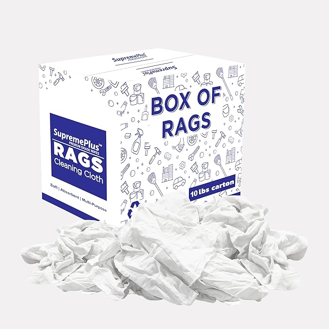 Recycled White T Shirt Rags Box (10 lbs.) – Shop Rags Bulk for Oil, Stain, Grease, Paint, and Auto Cleaning - Multipurpose