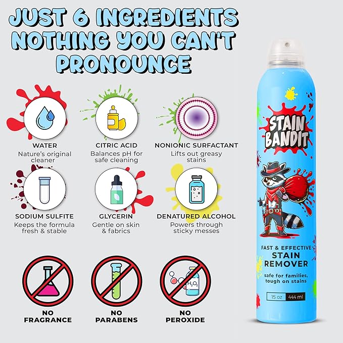 Stain Bandit Stain Remover Spray - Non-Toxic, Family Safe Formula - Bag-On-Valve 360 Continuous Spray - Powerful Natural Cleaner for Clothes, Upholstery, Carpet, Car Seats & More - 15oz