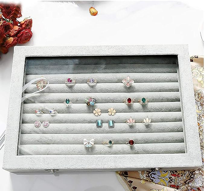 Jewelry Tray Ring Organizer Box with Clear Lid Velvet Tray for Jewelry Storage Display Case, 10 Slots Can Hold 100 Rings Earrings Dustproof Necklace Jewelry Box Organizer & Tray (Grey)
