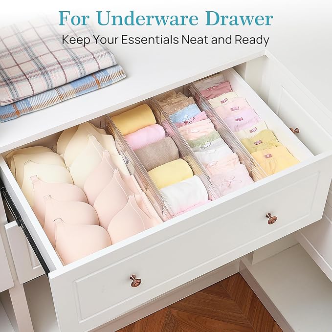 Vtopmart 8 Pack 4" Regular Upgrade Drawer Dividers for Clothes, 12.8"-22.3" Expandable Dresser Drawer Organizer, Clear Plastic Separators for Dresser, Baby Clothing, Underwear, Cosmetic, Toiletries