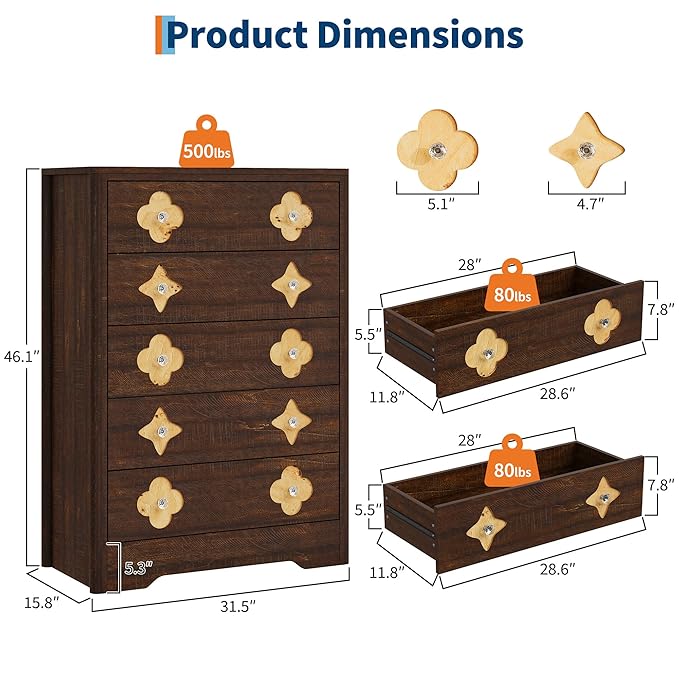 Garvee Dresser for Bedroom with 5 Drawers, 45'' Tall Chest of Large Decorative Drawer Front with Large Clothes Storage Cabinet, Wood Bedroom Dresser, TV Stand for Nursery, Living Room, Enterway
