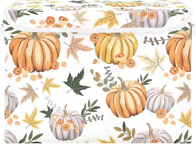 Thanksgiving Storage Baskets Collapsible Storage Bins with Lids, Pumpkins Flowers Leaves Thanksgiving Storage Boxes Clothes Baskets for Organizing