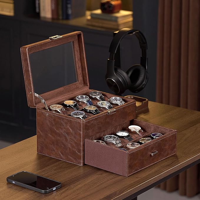 ProCase Watch Box for Men, Jewelry Organizer Box with Drawer, Display Storage Case with Glass Lid -Brown, 16 Slot