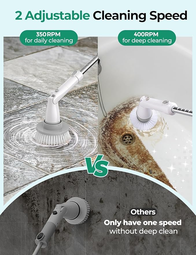 kHelfer Electric Spin Scrubber, Cordless Shower Scrubber with Long Handle, 8 Replacement Heads, 1.5H Bathroom Scrubber Dual Speed, Shower Cleaning Brush with Extension Arm for Bathtub Tile Floor