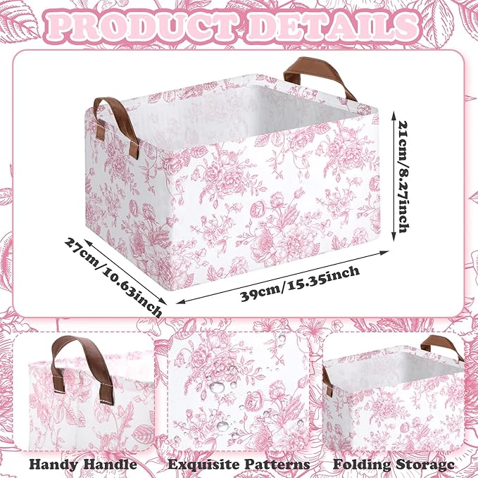Boao 3 Pcs Pink Flower Foldable Storage Baskets Pink Hydrangea Laundry Basket with Handles Waterproof Storage Bins Fabric Shelf Baskets for Organizing Closet Clothes