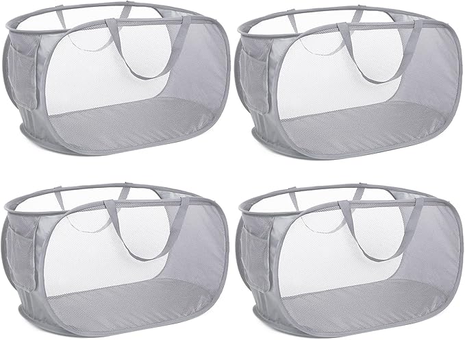 4 Pack Collapsible Laundry Baskets, Foldable Laundry Basket with Pocket, Durable Pop Up Hampers, Reinforced Handles Dirty Clothes Hamper for Laundry, Bedroom, Bathroom, Dorm, Travel or Camping Grey