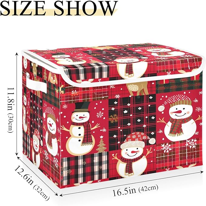 senya Christmas Baskets Collapsible Storage Bins with Lids, Red Christmas Plaid Snowman Storage Boxes Clothes Baskets for Organizing