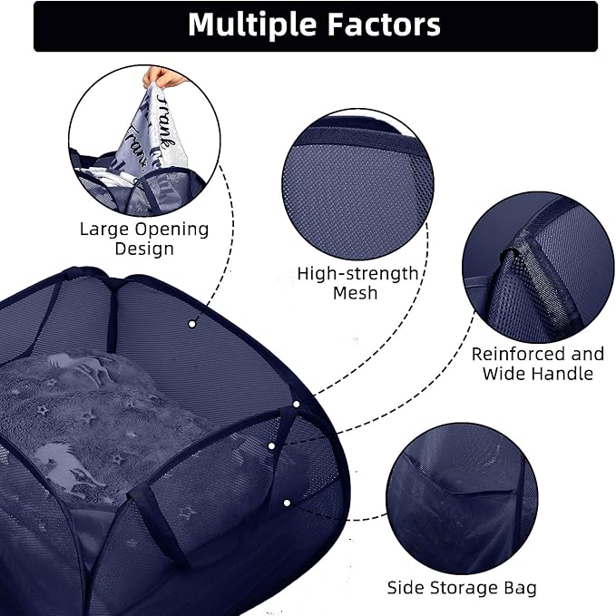 Collapsible Laundry Baskets, 90L Large Foldable Laundry Basket, Durable Mesh Pop Up Hampers for Laundry, Dirty Clothes Laundry Hamper for Bedroom, Bathroom, Dorm, Laundry Room, Travel or Camping Navy