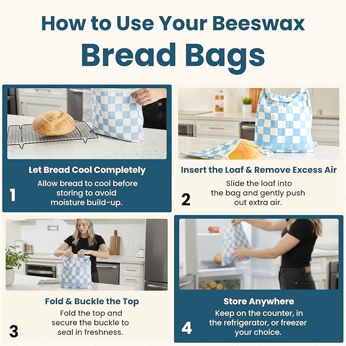 Buzzy Bags 3-Pack Reusable Beeswax Bread Bags (XL, M, S) - Organic Cotton Beeswax Bread Storage Bag for Homemade Bread & Sourdough Freezer-Safe, Breathable & Freshness Support - Eco-Friendly Bread Bag