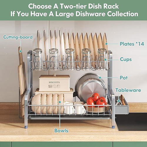 2 Tier Dish Drainers Drying Rack for Kitchen Counter Large Stainless Steel Dishes Drain with Drainboard, Space Saving, Big Modern Silver Countertop Metal Plates Dryer Strainer Holder and Extra Tray