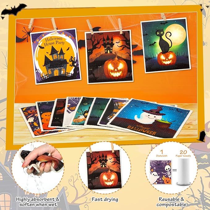 Lucomb 8 Pack Halloween Swedish Dishcloths Reusable, Kitchen Sponges Soft Absorbent Dish Towels Swedish Dish Cloths Washable Decorative for Kitchen Washing Dishes Bathroom Office Hand Towel Cleaning