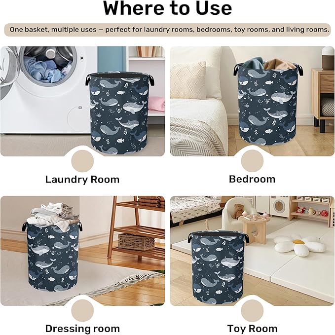 Cute Whale Marine Animals Foldable Canvas Laundry Basket with Handles - Toy Organizer, Heavy Duty for Home，Bedroom, Dorm, Bathroom