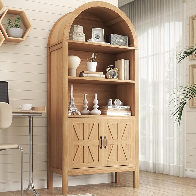 71" Tall Arched Cabinet with Storage, Farmhouse Arched Display Bookcase Cabinet with Door and Adjustable Shelves, Arch Bookshelf Storage Pantry Cabinets for Living Room, Kitchen