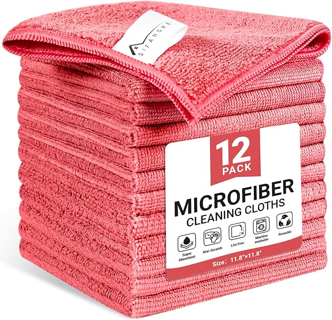 Microfiber Cleaning Cloth, 12 Pack Pink Cleaning Rags for Housekeeping, Reusable Microfiber Towels for Car, Kitchen, Bathroom and Household Cleaning Supplies, 11.8"X11.8"