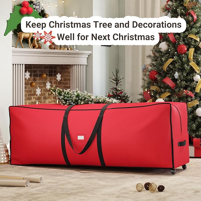 ELYKEN Christmas Tree Storage Bag with Wheels, Rolling Storage Bag for Artificial Christmas Tree and Decorations, Heavy Duty 600D Oxford Fabric, Length-Adjustable Handles, 16x20x64in, Red