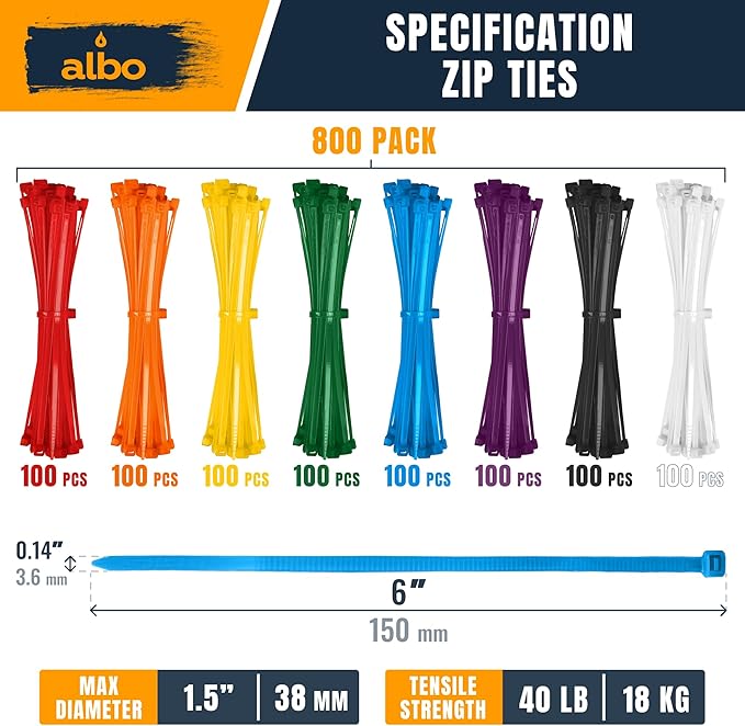 ALBO Multi Colored Zip Ties 6 Inch 800 Pack 40 lb Neon Fastening Straps Thick 0.14 Inch UV Resistant Nylon Craft Accessories Durable Flexible Multipurpose Wire Management Organizing