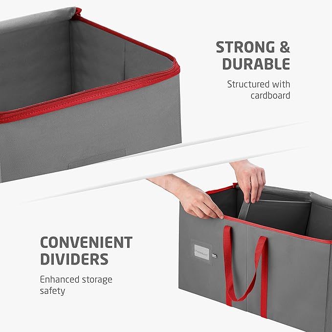 ZOBER Large Christmas Ornament Storage Box - Stores 128 3" Ornaments, With Dividers - Ornament Organizer Storage Box, Durable Christmas Containers Holder - Extra Pockets, Dual Zipper - Gray