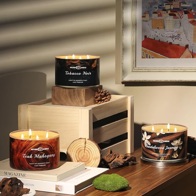 4EVER Scented Candles | 4-Wick 18oz Soy Wax Candle | Up to 50Hrs Clean Burn | Aromatherapy Candles for Home Scented | Gifts for Women & Mom, Teakwood & Mahogany