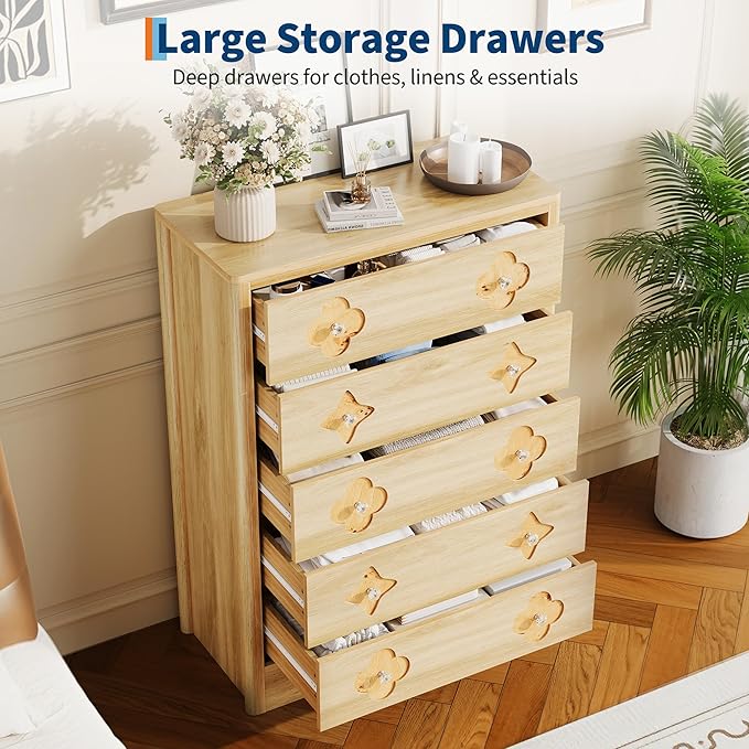 Garvee Dresser for Bedroom with 5 Drawers, 45'' Tall Chest of Large Decorative Drawer Front with Large Clothes Storage Cabinet, Wood Bedroom Dresser, TV Stand for Nursery, Living Room, Enterway