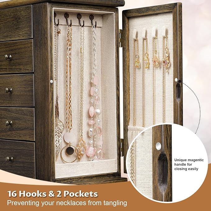 Emfogo Jewelry Box for Women, 5 Layer Large Wood Jewelry Boxes & Organizers for Necklaces Earrings Rings Bracelets, Rustic Jewelry Organizer Box with Drawers and Mirror(Vintage)