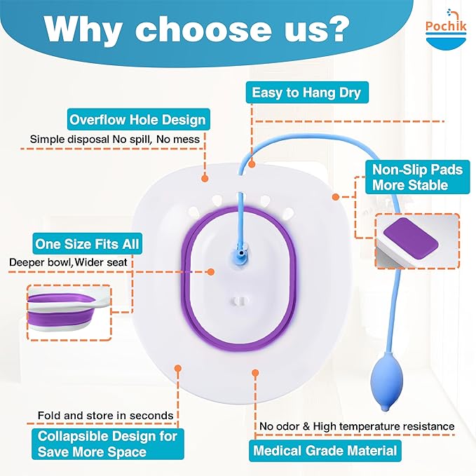 Pochik Sitz Bath for Toilet Seat Hemorrhoids and Postpartum Care, Yoni Steam Seat, Perineal Soaking, Collapsible, Flusher Hose, Drain Holes, Wider Seating Area - Purple